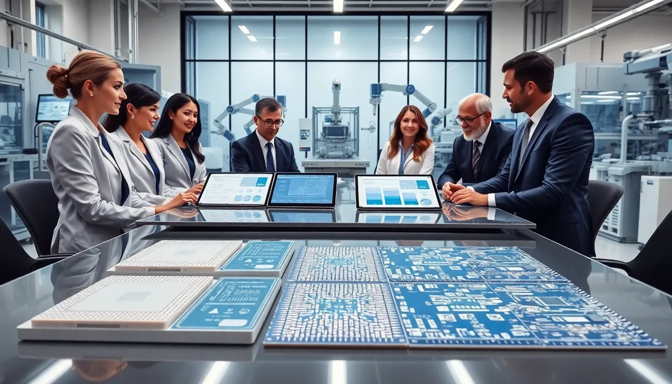 executive engineering team reviewing ceramic pcbs in a modern manufacturing facility
