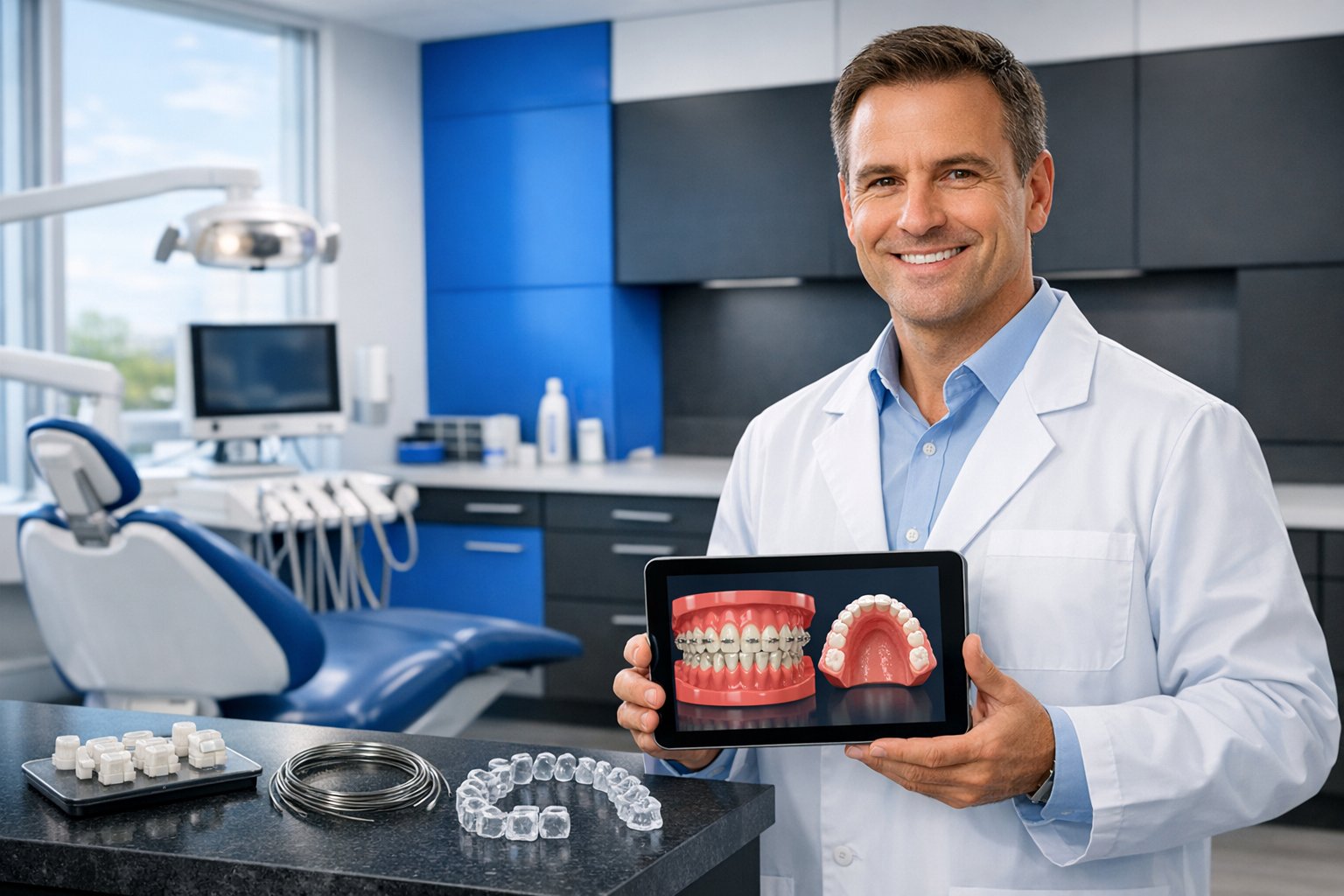 orthodontist presenting modern braces technology in a sleek perth clinic